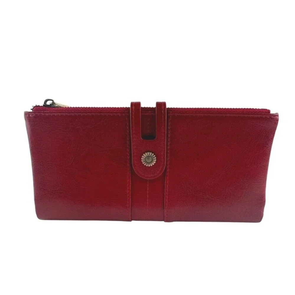 Sendefn Red Vegan Leather‎ Bifold Clutch Wallet Sunflower Snap Bronze Zip Large